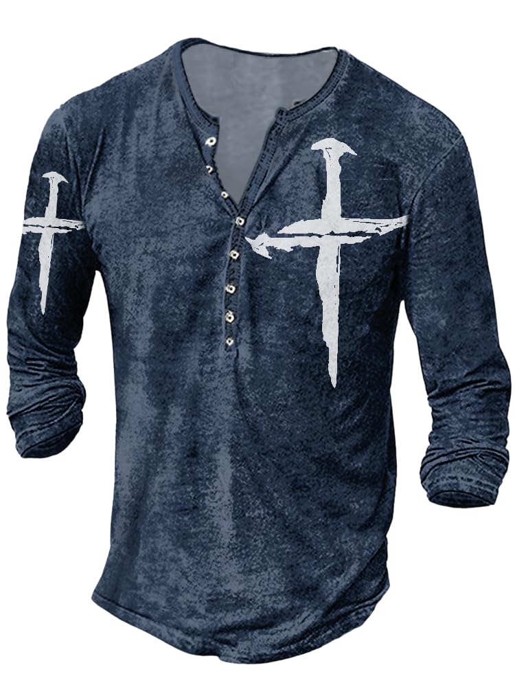ZOCANIA Mens Henley Shirts Christian Shirt Jesus Cross Retro Long Sleeve Casual Button Down Washed T-Shirts for Men Graphic Tee Tops,Blue White,3XL