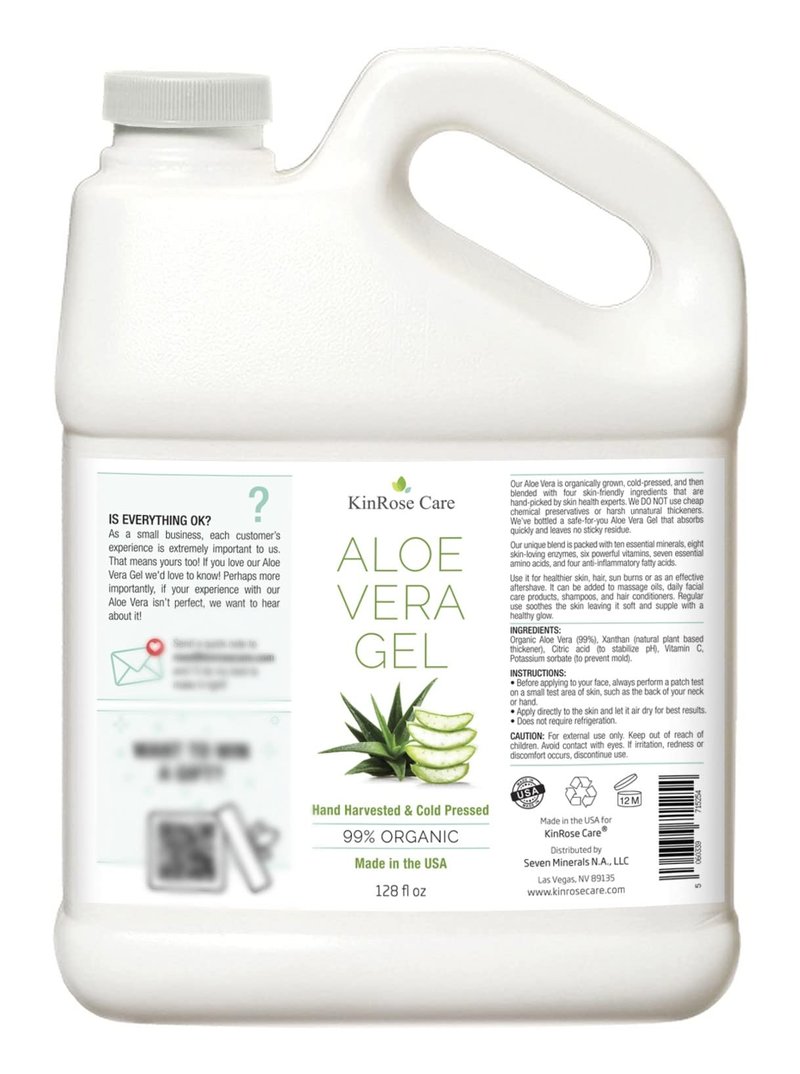 KinRose Care, 128oz Aloe Vera Gel for Face, Skin, Hair & Sunburn Relief - From Pure Organic Aloe Vera - Cold Pressed, Vegan, Unscented - Made in USA.