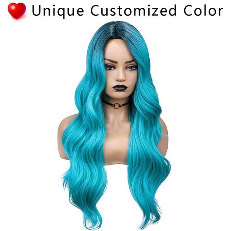 Fancy Hair Ombre Wig Bluish Light Blue Wigs Long Curly Wavy Hair Wigs 2 Tones Dark Roots Synthetic Teal Daily Party Cosplay Wigs for Women