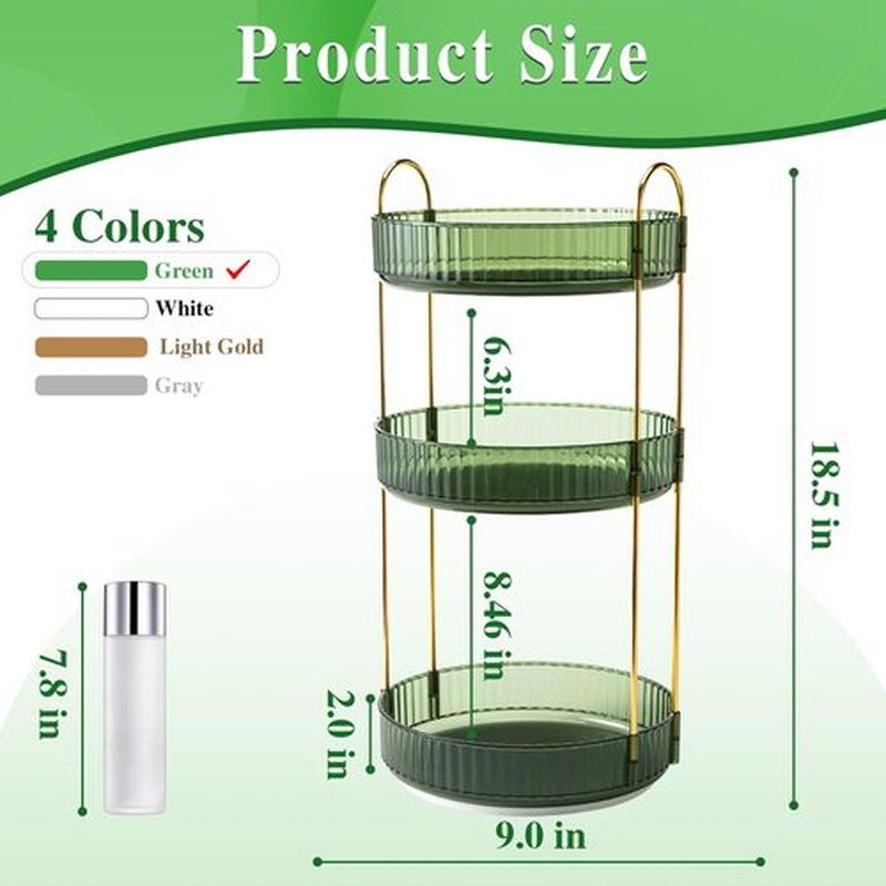 Megapuxin Makeup Organizer for Vanity,360° Rotating Lazy Susan Organizer Large Skincare Make Up Storage Cosmetic Dresser Organizer Countertop Organizer with Extra Hooks DIY Stickers for Bathroom