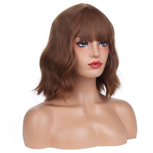 MAGQOO Brown Wig for Women Brown Bob Wigs with Bangs Shoulder Length Curly Wavy Brown Wigs Costume Cosplay Halloween Wigs with Wig Cap