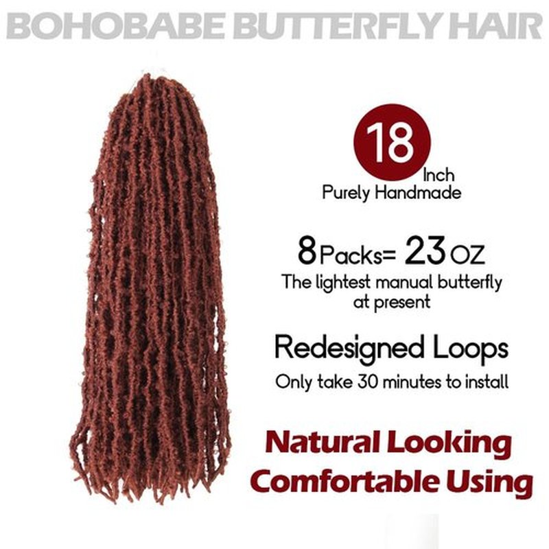 BOHOBABE 18 Inch Light Weight Butterfly Locs Crochet Hair 8 Packs Long Ginger Red Distressed Butterfly Faux Locs Crochet Hair, 350#