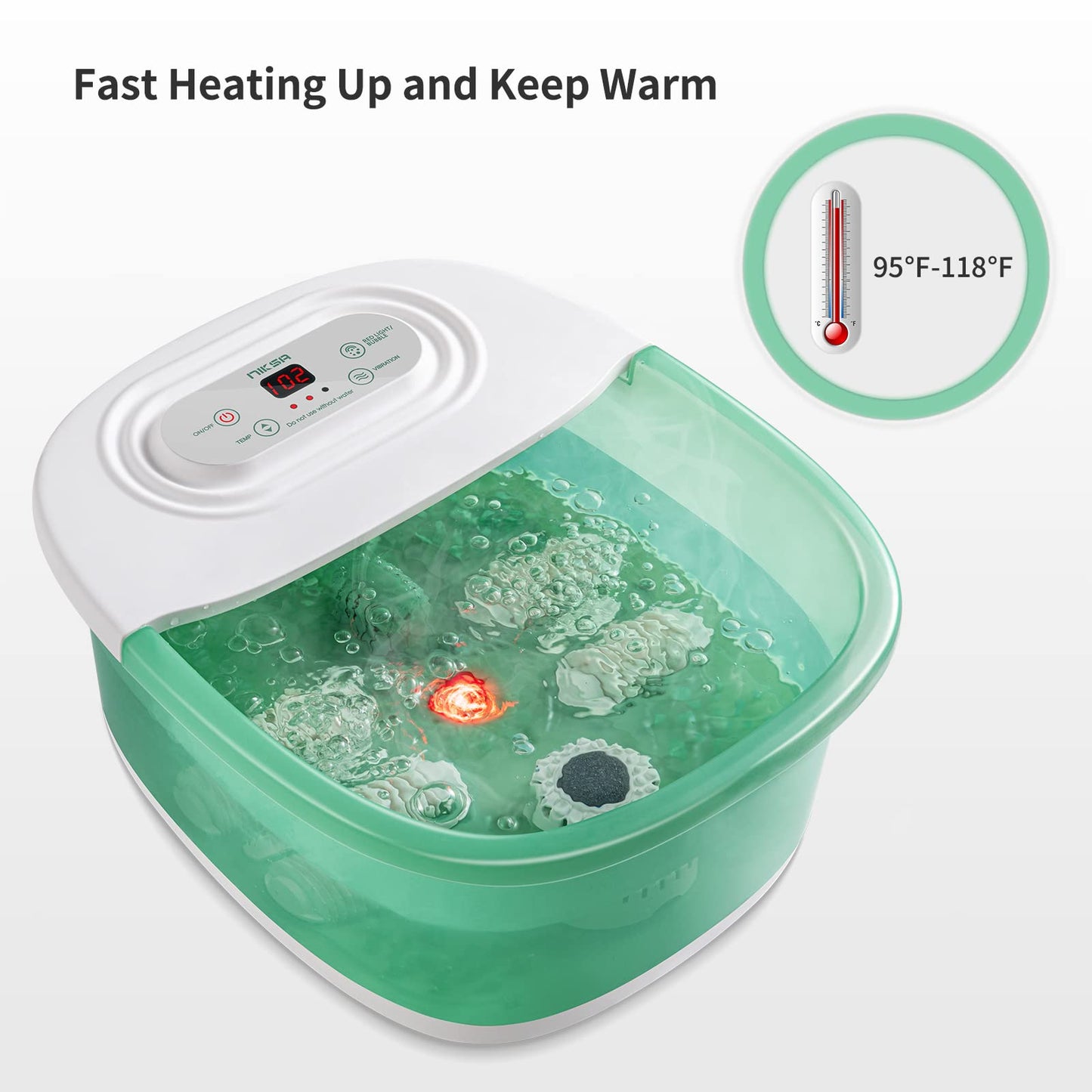 Niksa Foot Spa Bath Massager with Heat, Bubbles, Vibration and Red Light,4 Massage Roller Pedicure Foot Spa Tub for Feet Stress Relief,Foot Soaker with Mini Acupressure Massage Points Green
