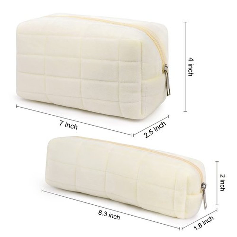 SOIDRAM Makeup Bag Checkered Cosmetic Bag Plush White Makeup Pouch 1Pcs Large Capacity Makeup Bags and 1Pcs Makeup Brushes Storage Bag Travel Toiletry Bag Organizer