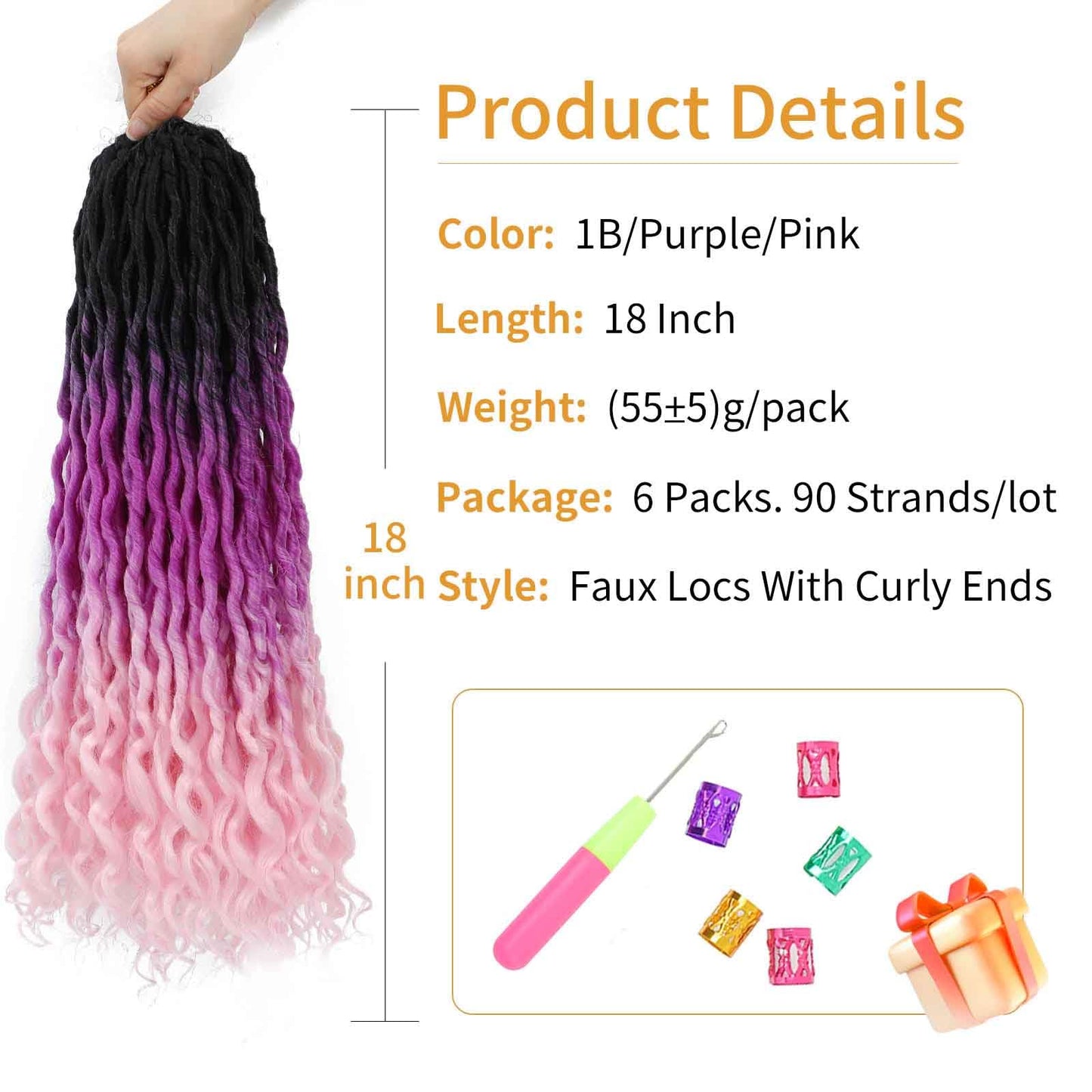 Goddess Locs Crochet Hair 18 Inch 6 Packs Ombre Faux Locs Crochet Hair Pre Looped Crochet Faux Locs with Curly ends Soft Loc Hair Extensions for Women(18 Inch,6 Packs,1B/Purple/Pink)