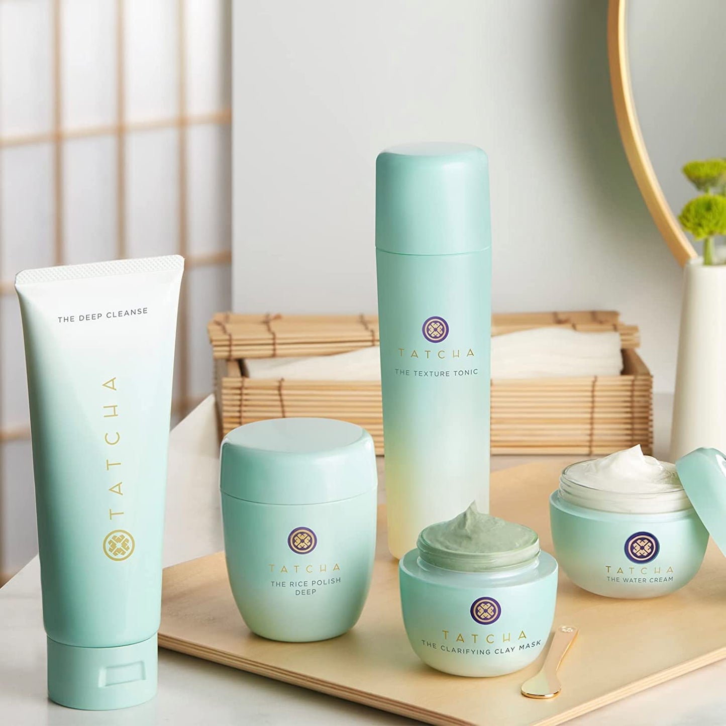 Tatcha Pore-Perfecting Double Cleanser + Hydrate Trio Set: The Deep Cleanse 5 oz, Pure One Step Camellia Cleansing Oil 1.7 oz & The Water Cream 0.33 oz