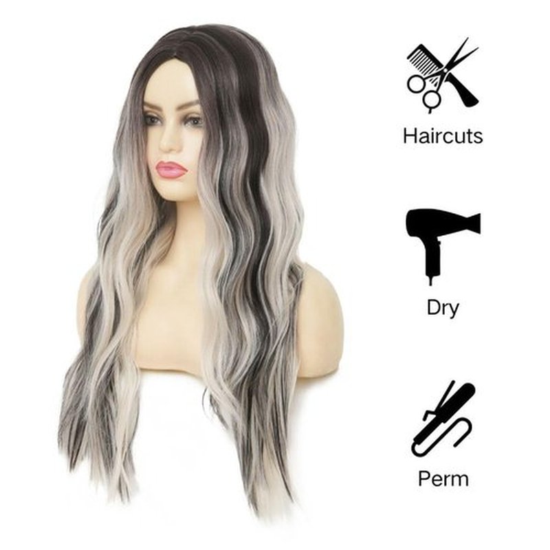 Kaneles Black Mix Blonde Long Wigs for Women Dark Root Loose Curly Wavy Fluffy Hair Wig Middle Part Synthetic Fiber Wig for Daily Cosplay Use