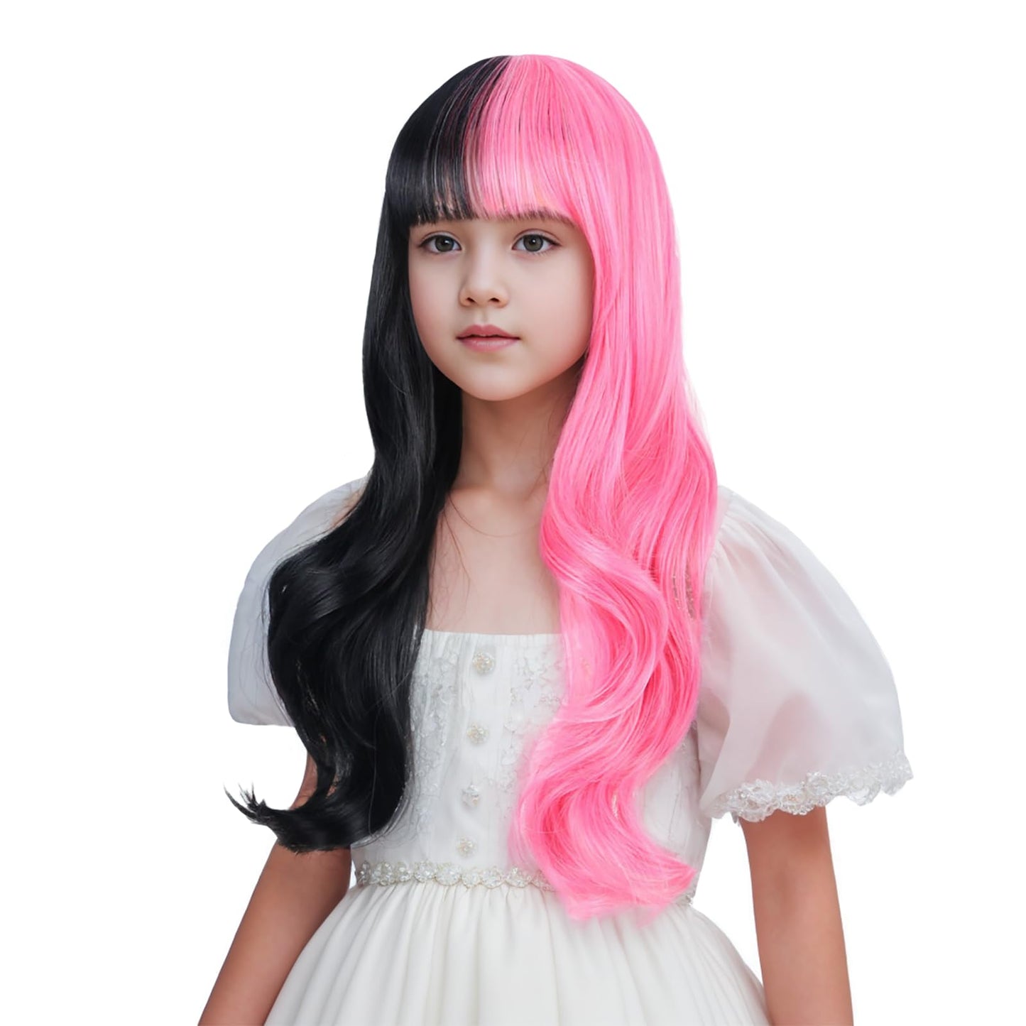 Edivd Kids Half Pink and Half Black Wig Long Pink Mixed Black Wig with Flat Bangs for Girls Long Wavy Curly Black and Pink Wig for Children Heat Resistant Synthetic Wig with Wig Cap