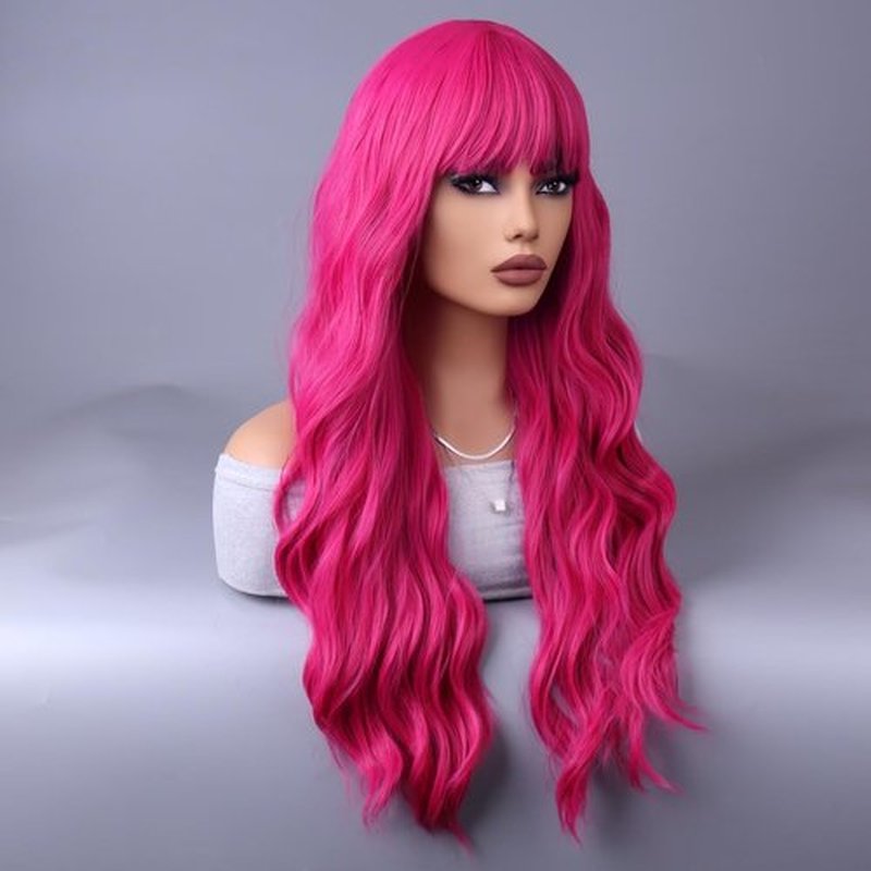 WTHCOS Hot Pink Wigs for Women Long Curly Wavy Hot Pink Wig with Bangs Rose Red Wig Neon Pink Wig Magenta Wig Heat Resistant Synthetic Wig with Wig Cap (Hot Pink)