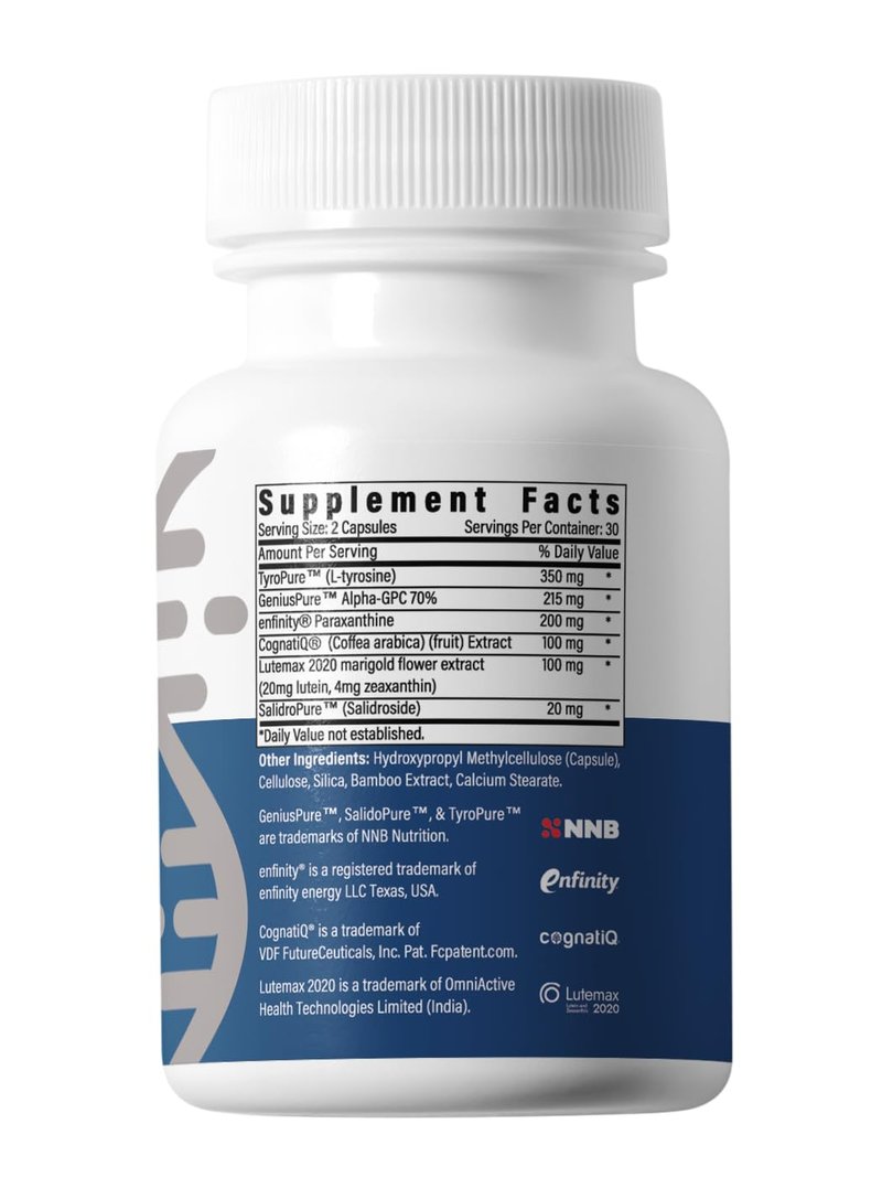 BrainAMP™ Nootropic Energy for Focus, Memory & Clarity | Clean Alertness with Paraxanthine (No Jitters) | Supports Productivity with Alpha-GPC, Tyrosine, CognatIQ, Lutein & Salidroside | 60 Caps