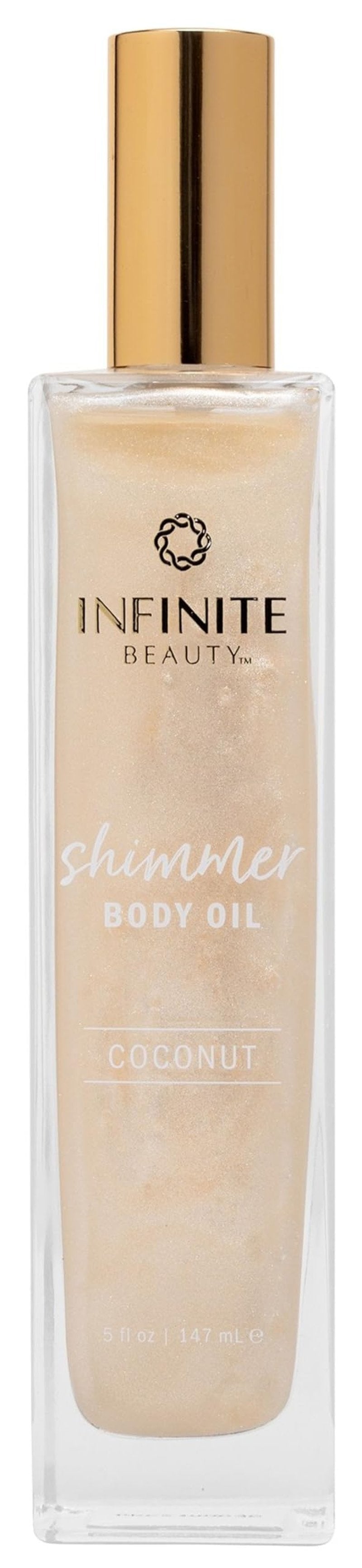 Infinite Beauty Shimmer Body Oil – 5 Fl Oz | Coconut & Gold Glitter for Radiant Skin | Hydrating & Illuminating | Perfect After Bath | Adds a Luxurious Glow | Highlights Your Natural Beauty
