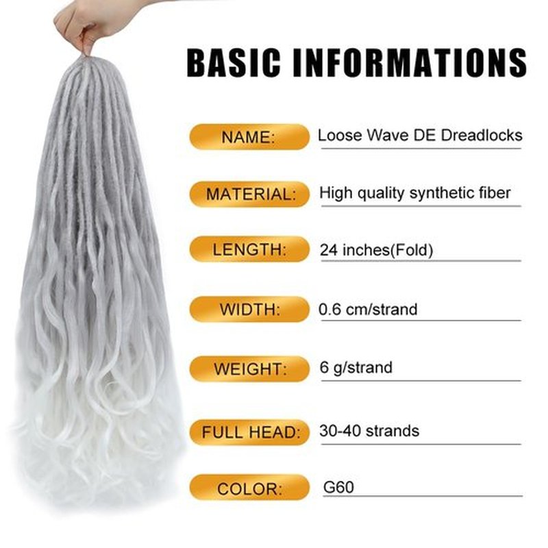 Aguacor Loose Wave Dreadlocks Synthetic French Curly Double Ended Dreadlock Extensions 24inches 30 Strands Thin Soft Grey to White Spanish Curly DE Dreadlock Extensions for Women (30 Strands, G60)