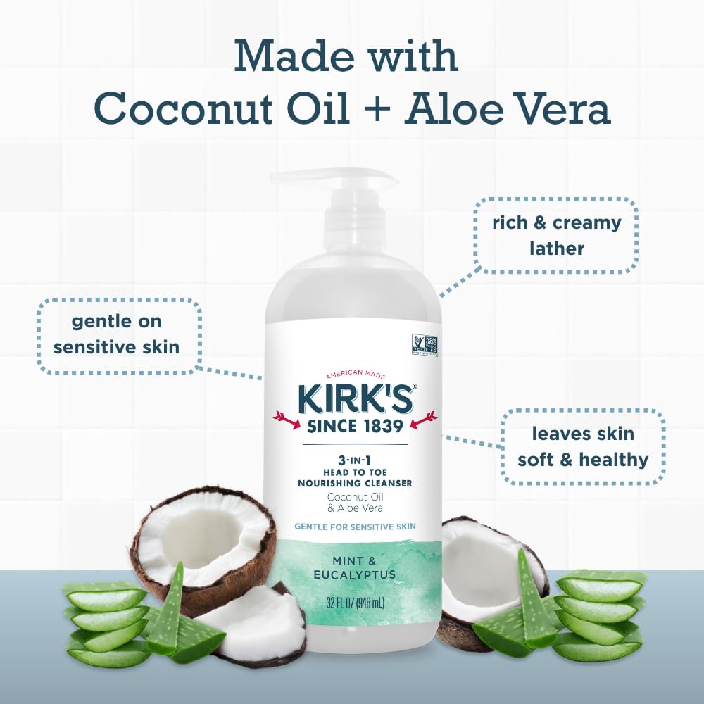 Kirk's 3-in-1 Head to Toe Nourishing Liquid Cleanser & Travel Size Bar Soap - for Men, Women & Children - Premium Coconut Oil & Aloe Vera- Non GMO & Vegan -Mint & Eucalyptus - 32 Fl Oz. 2 pack