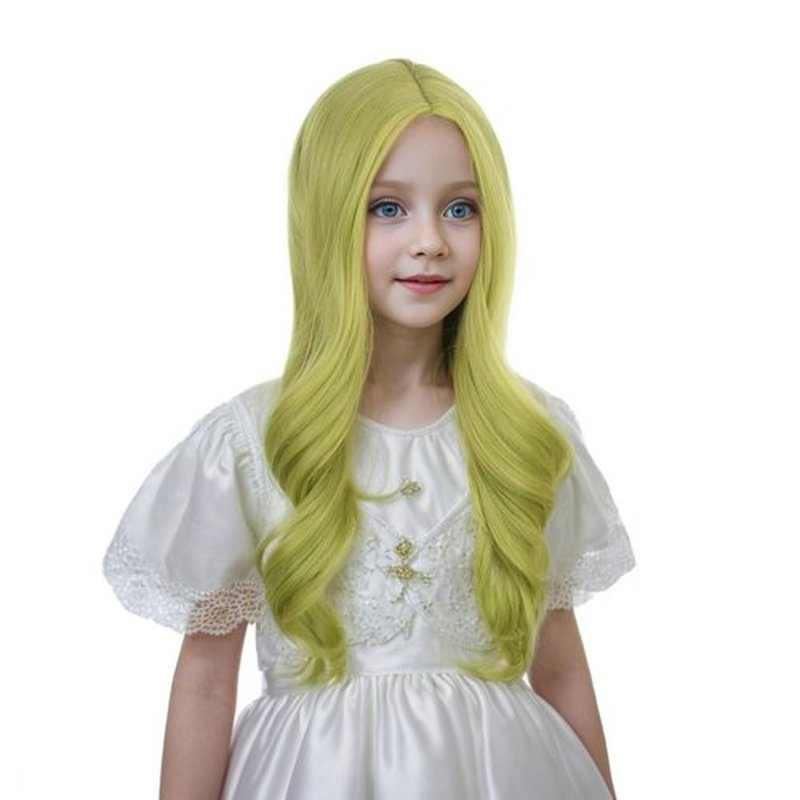 Ufindcos Green Wig for Kids Long Wavy Curly Avocado Green Hair Wigs for Child Green Wig for Girls Middle Part Natural Looking Synthetic Wig with Wig Cap(Avocado Green)