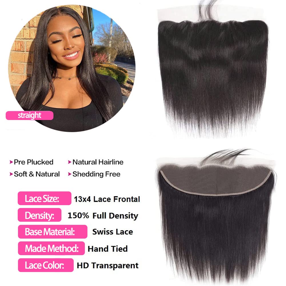 13x4 HD Lace Frontal Closure 10 Inch Straight Lace Frontal Human Hair Swiss HD Transparent Lace Frontal Only 100% Unprocessed Brazilian Virgin Hair Ear to Ear Lace Frontal Closure Pre Plucked 1B Black