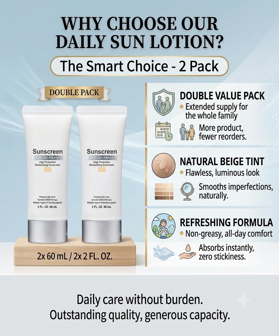 Sunscreen (Beige, White) SPF 50+ PA+++, High Protection Moisturizing sun Cream 2 fl.oz.(60ml) x 2pack