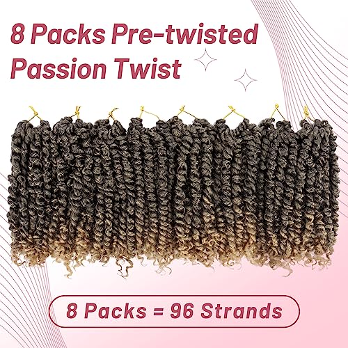 Pre-twisted Passion Twist Crochet Hair 8 Inch 8 Pack Pre-looped Crochet Passion Twist Hair Short Crochet Hair for Women Boho Crochet Hair Braids 1B/27