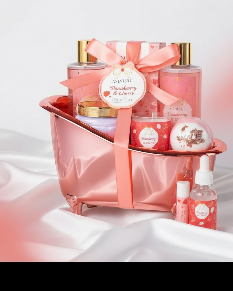 Gift Basket for Women, Strawberry Spa Baskets for Women Gifts, Beauty & Personal Care Set - Home Bath Pampering Package, Spa Self Care Kit, Teacher Appreciation, Thank You, Birthday, Mom Gift