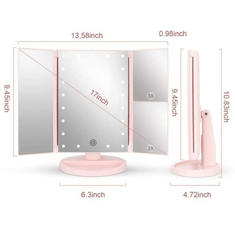 deweisn Tabletop Mount Tri-Fold Lighted Vanity Mirror with 21 LED Lights, Touch Screen and 3X/2X/1X Magnification, Two Power Supply Modes Make Up Mirror,Travel Mirror