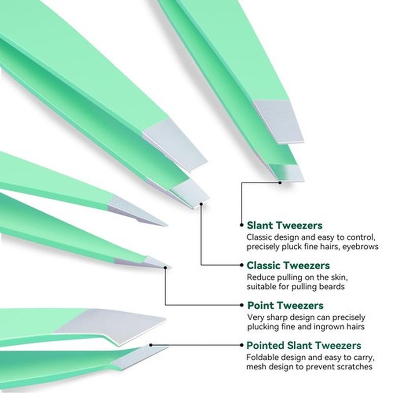 FACEMADE 4 Pack Tweezers Set - Professional Stainless Steel Tweezers for Men and Women, Precision Eyebrow Tweezers for Facial Hair, Chin, and Ingrown Hair Removal (Green)