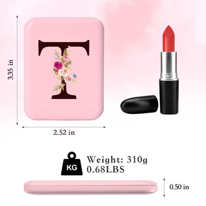 KEWWADB Travel Mirror with Lights, Initials Portable Compact Mirror, Travel Essentials, Suitable for Teen Girls, Young Women Gifts Ideas, Birthdays Gifts(Pink) (T)