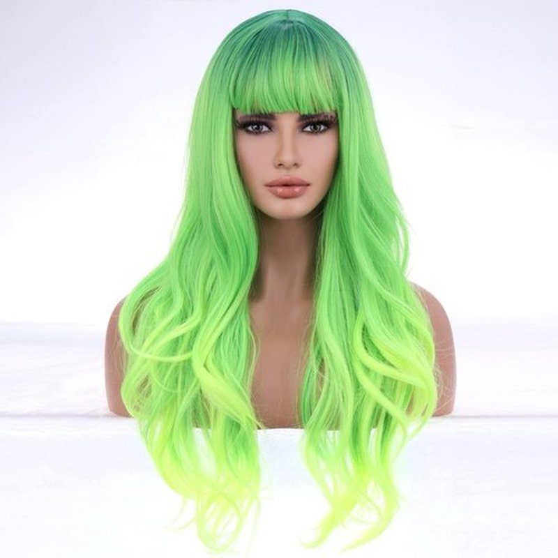 BERON 26 Inches Neon Green Wig Long Wavy Soft Synthetic Wig with Straight Bangs for Women Girls Wig Cap Included