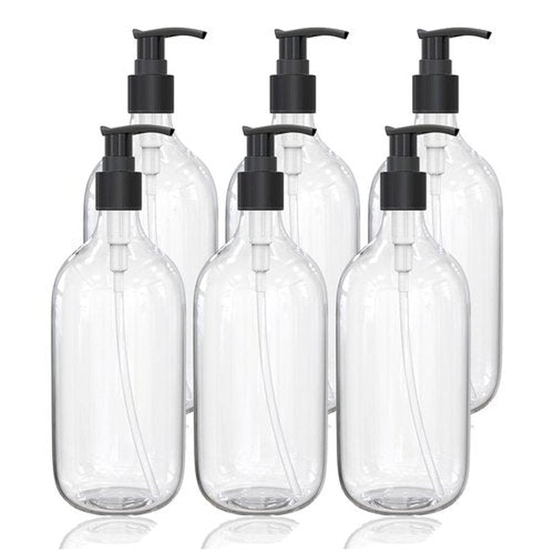 10 Ounce Clear Plastic Pump Bottle Dispenser, Refillable Empty Bottle Container with Pump for Essential Oil Soap Lotion Shampoo, 6 Pcs