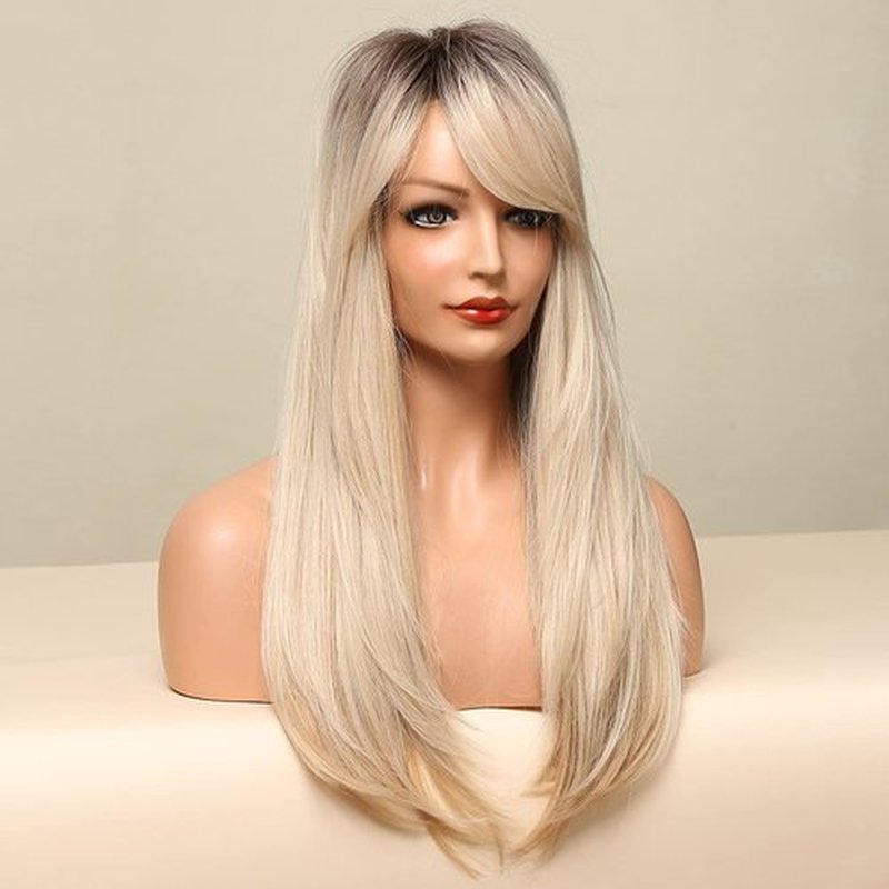 BERON Blonde Ombre Wigs with Bangs Straight Long Hair Wigs Women's Platinum Blonde Heat Resistant Synthetic Natural Looking Wig for Daily Use