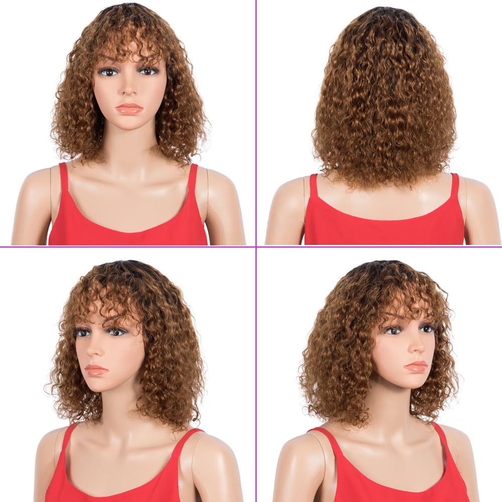 Spotlight Short Kinky Curly Wigs 10 inch Bob Loose Wave Human Hair Wigs for Women Brazilian Virgin Human Hair Wigs with Bangs 180% Density Natural Looking (Ombre Brown, TT1B/30)