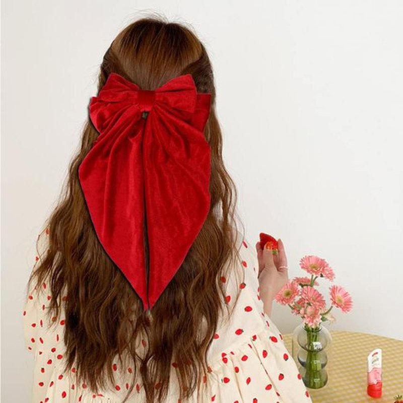 Oversized Velvet Hair Bows for Women Girls,Long Tail Handmade Bowknot Barrettes Velvet Bows Hair Accessories (Red & Black)