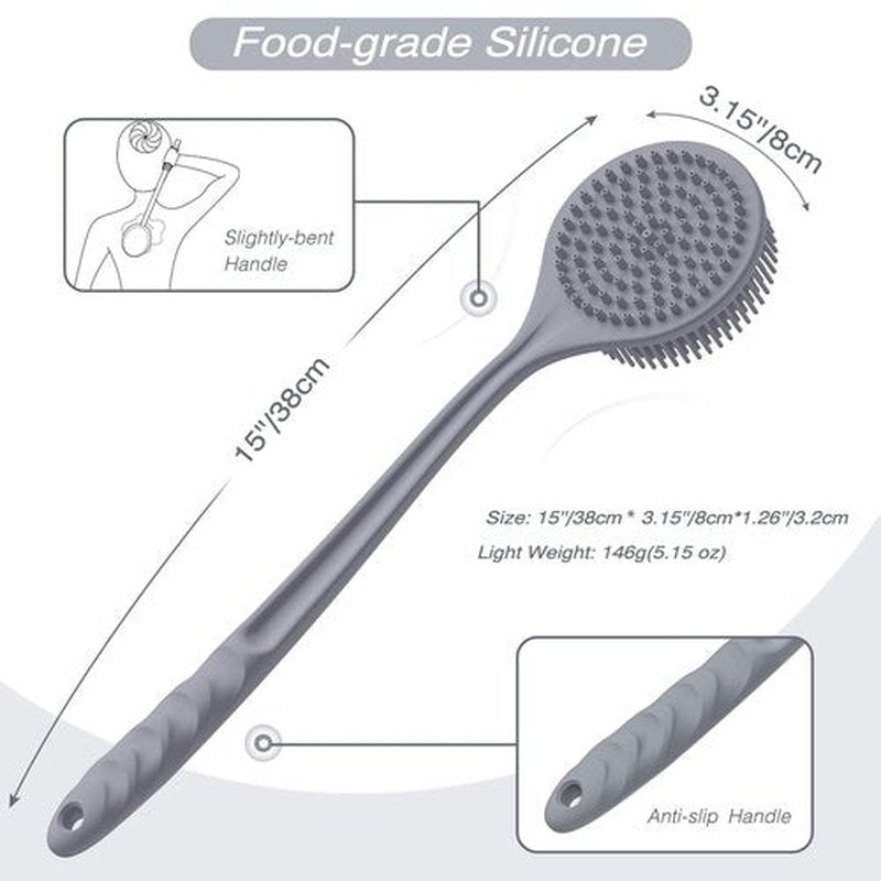 Manmihealth Silicone Back Scrubber (Thick Bristles) & Bath Glove & Face Brush Set(3PCS), Super-Exfoliating & Lathering Body Scrubber, Shower Brush, Face Scrubber Combination, with a Free Hook.(Gray)