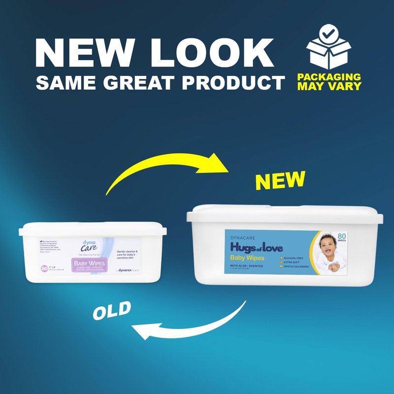 Dynarex DynaCare Hugs of Love Baby Wipes - Scented - Large - Alcohol-Free Wipes with Aloe & Lanolin, Safe for Sensitive Skin - 80 Wipes per Tub