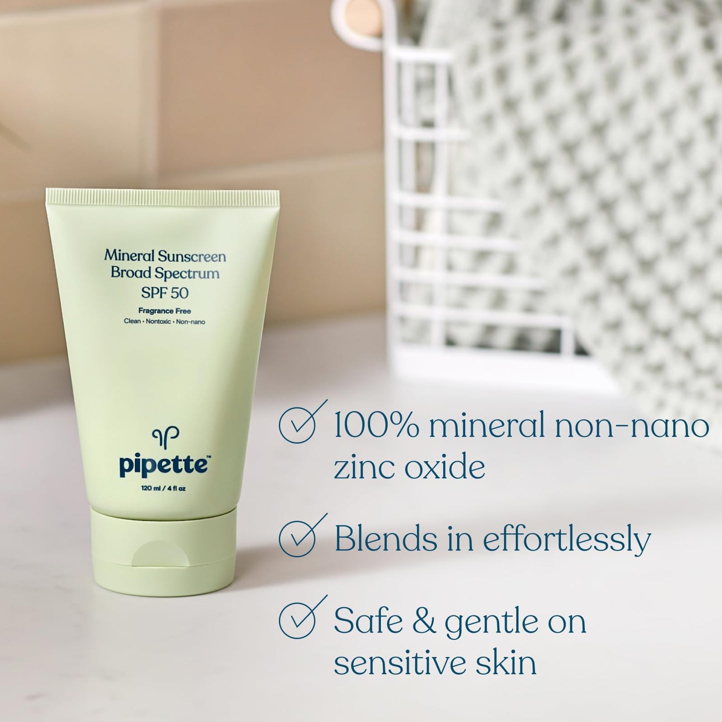 Pipette Mineral Sunscreen - SPF 50 Broad Spectrum Baby Sunblock with Non-Nano Zinc, UVB/UVA Non-Toxic Sun Protection for Kids & Sensitive Skin, 4 fl oz