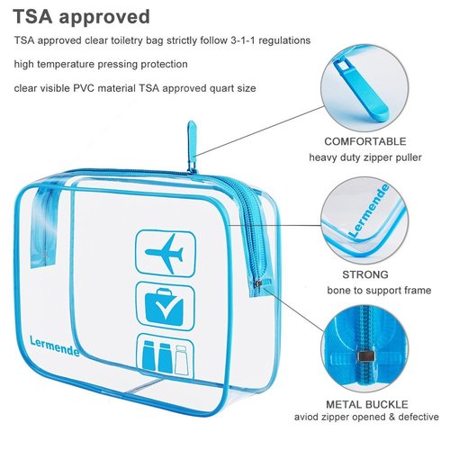 Lermende 2pcs/pack Clear Travel Toiletry Bag, Clear Makeup Bag for Women & TSA Approved Toiletry Bag Travel Carry On Airport Airline Quart Sized Clear Cosmetic Bag - Blue