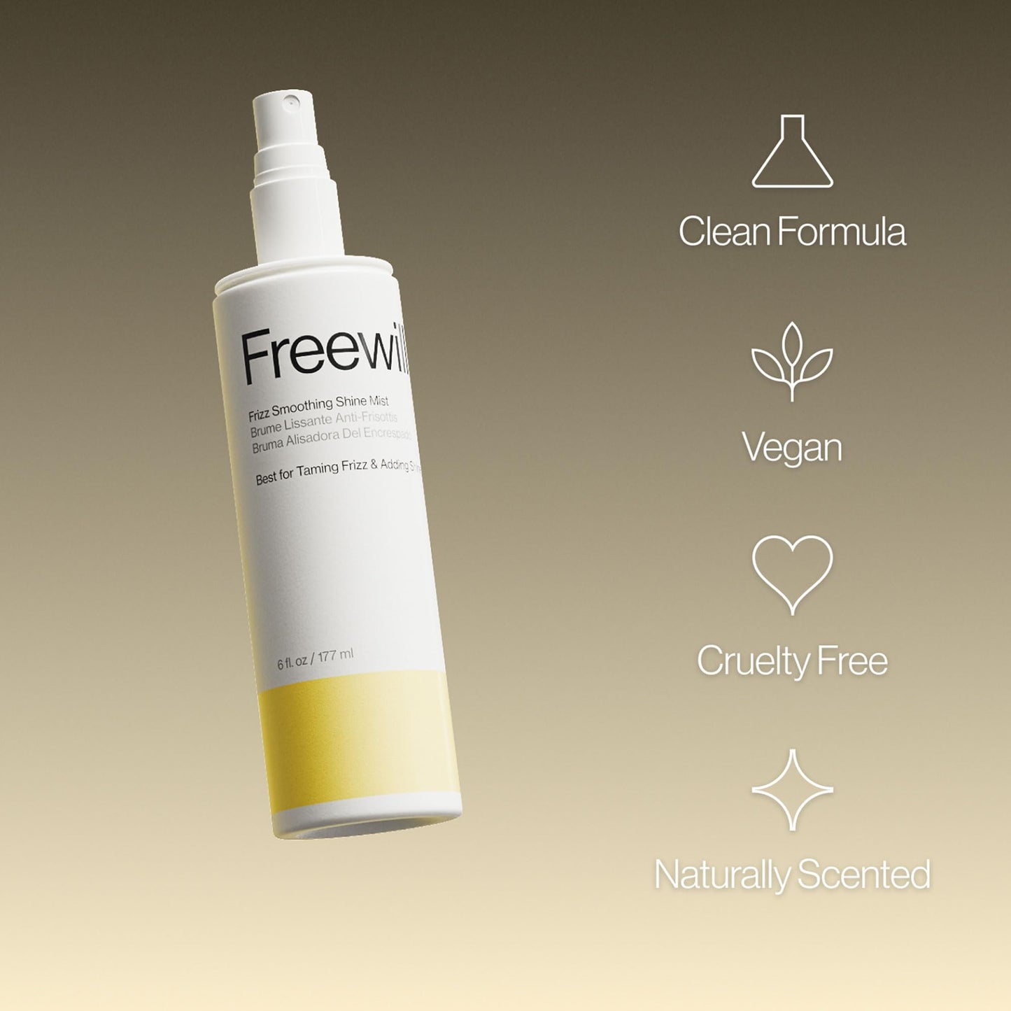 Freewill Frizz Smoothing Shine Mist, Nourishing and Lightweight Spray for Hair Frizz Control, Hydration and Shine, Tames Flyaways, Quick Absorption, 6 oz