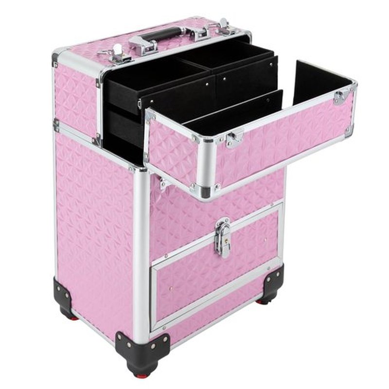 Rolling Makeup Train Case with Drawers, Cosmetic Travel Trolley, Storage Sliding Drawer 4 Tray Cosmetics Beauty Organizer Lockable Luggage Trolley w/Wheels for Makeup/Nail Art/Hair Styling (Pink)