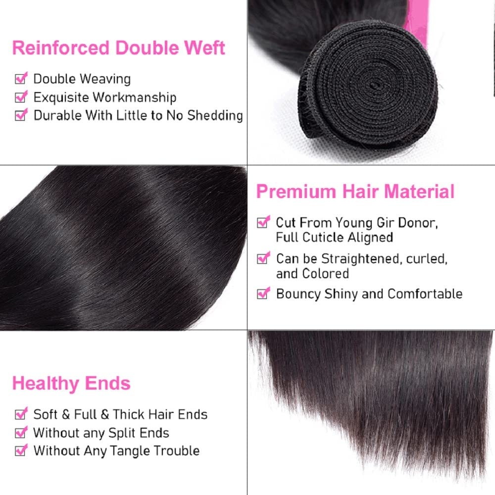Brazilian Human Hair Bundles with Closure (22 24 26+20) 10A Straight Bundles with Closure 100% Unprocessed Virgin Quick Weave 3 Bundles Human Hair with Lace Closure Free Part