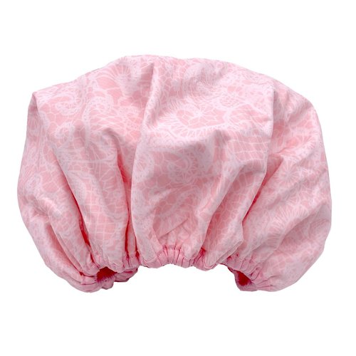 Reusable Nylon Shower Cap & Bath Cap, Reversible Oversized Waterproof Shower Caps Large Designed for all Hair Lengths w Terry Lining & Elastic Band Stretch Hem Hair Hat - Socialite Pretty in Pink Lace