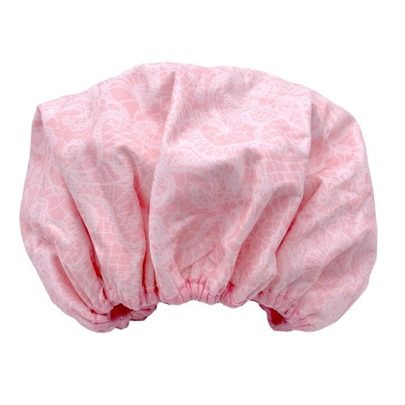 Reusable Nylon Shower Cap & Bath Cap, Reversible Oversized Waterproof Shower Caps Large Designed for all Hair Lengths w Terry Lining & Elastic Band Stretch Hem Hair Hat - Socialite Pretty in Pink Lace