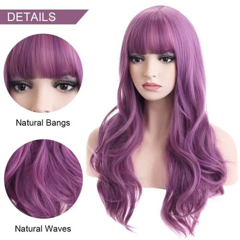 BERON 26 Inches Purple Wig Long Wavy Wig with Bangs Synthetic Wig Long Wig Lavender Purple Wigs for Cosplay Costume Party with Wig Cap