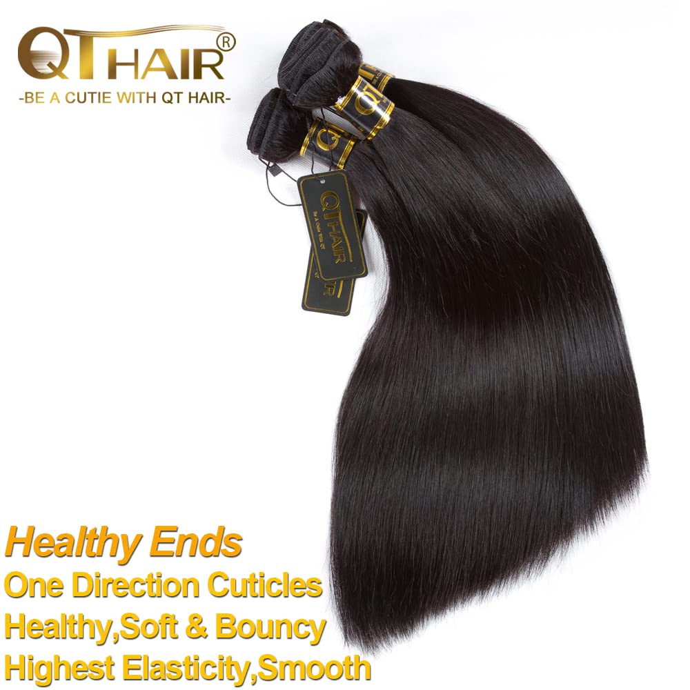 QTHAIR 14A Virgin Brazilian Straight Human Hair Extensions (14 16 18 inch,300g) 100% Unprocessed Brazilian Virgin Human Hair Weave Straight Hair Bundles Natural Color