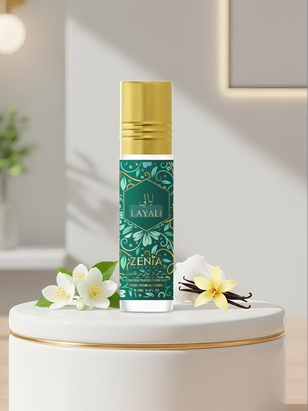 Zenia Layali Perfume Oil Roll-On – 6ml / 0.2oz | Long Lasting Alcohol-Free Sweet Floral Fragrance Oil with Vanilla, Caramel, Jasmine & Vetiver