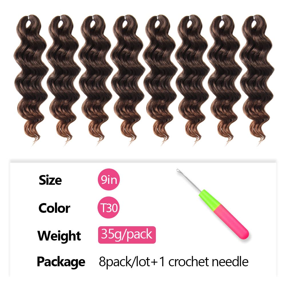 Niseyo NU Short Ocean Wave Crochet Hair 9 Inch 8 Packs Deep Wave Crochet Hair Synthetic Wavy Crochet Braids (T30 Ombre Light Brown)