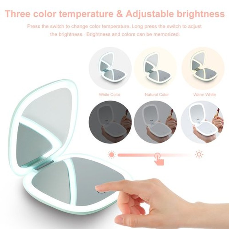 Mocado Compact LED Travel Makeup Mirror - 4 Inches 1X/10X Magnification Travel Mirror with Light Dimmable Double Sides Lighted USB Rechargeable Compact Mirror for Purse,Pocket,Travel(Powdery Green)