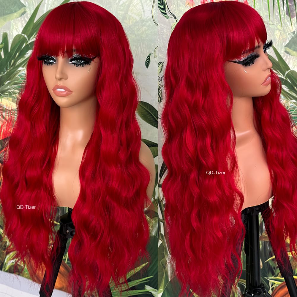 QD-Tizer Red Wig with Bangs Long Wavy Curly Hair Wigs for Women Loose Curly Heat Resistant Synthetic Fiber Wigs for Daily Party Use