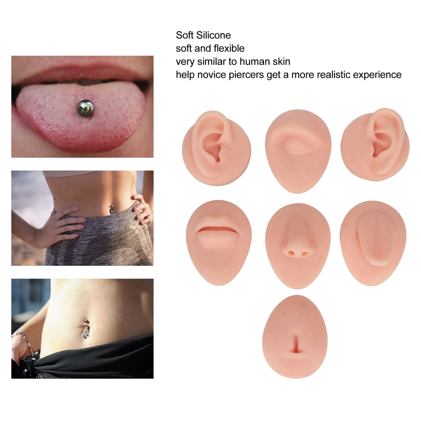 Soft Silicone Flexible Model Body Part Displays Set, Body Piercing Practice Model Simulation Ear Eye Nose Mouth Tongue and Belly Button Model for Novice Piercer (Light Skin Colour)