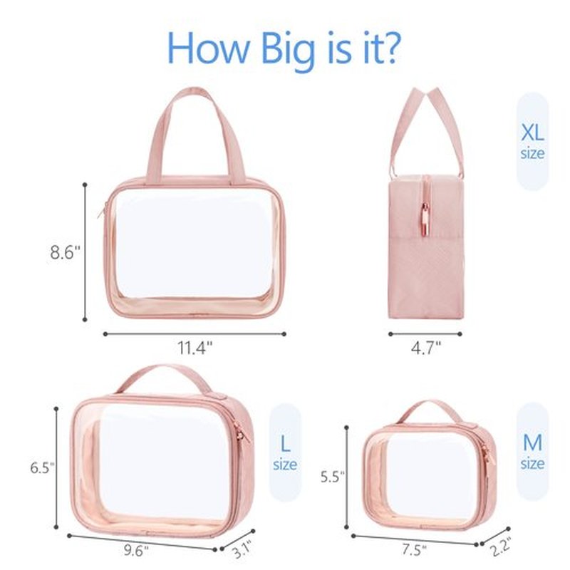 PACKISM Clear Toiletry Bags, 3 Pack Clear Makeup Bags with Handle Large Opening, Waterproof Clear Cosmetic Bags Fit Carry-on Travel Essentials, Travel Accessories Clear Travel Bags, Pink
