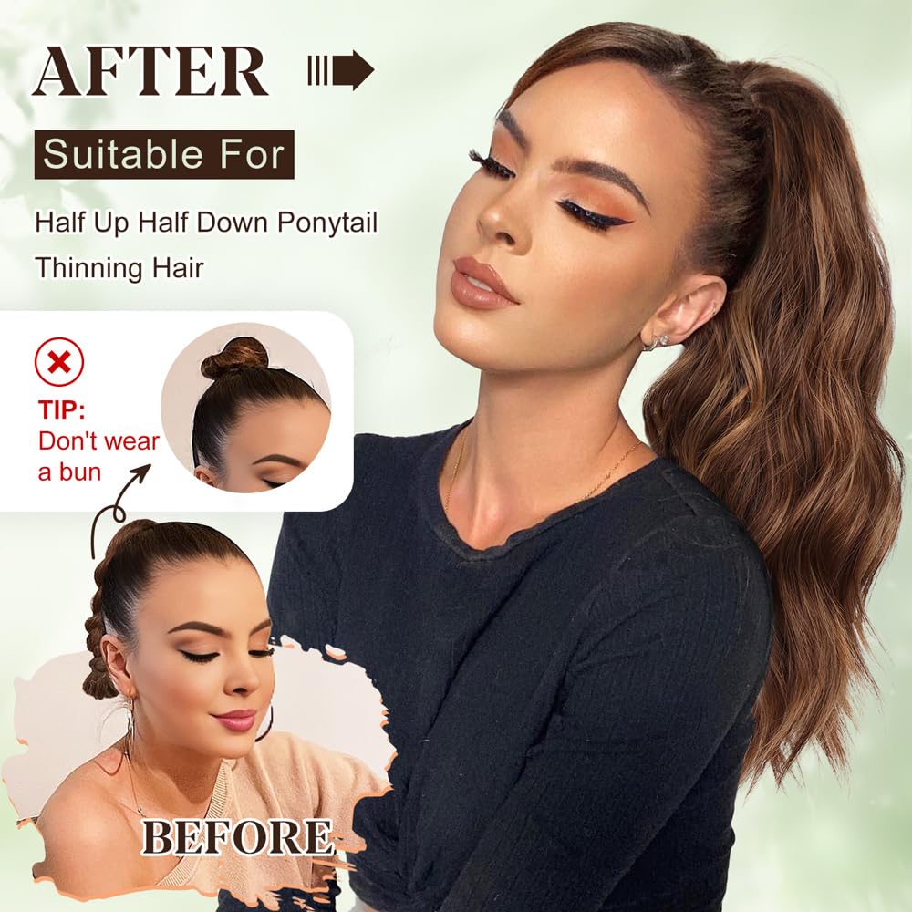 ALXNAN Ponytail Extension,16 Inch Claw Ponytail Hair Extensions for Women,Claw Clip in Long Wavy Synthetic Deep Brown with Dirty Blonde Ponytail Extension for Daily Use.