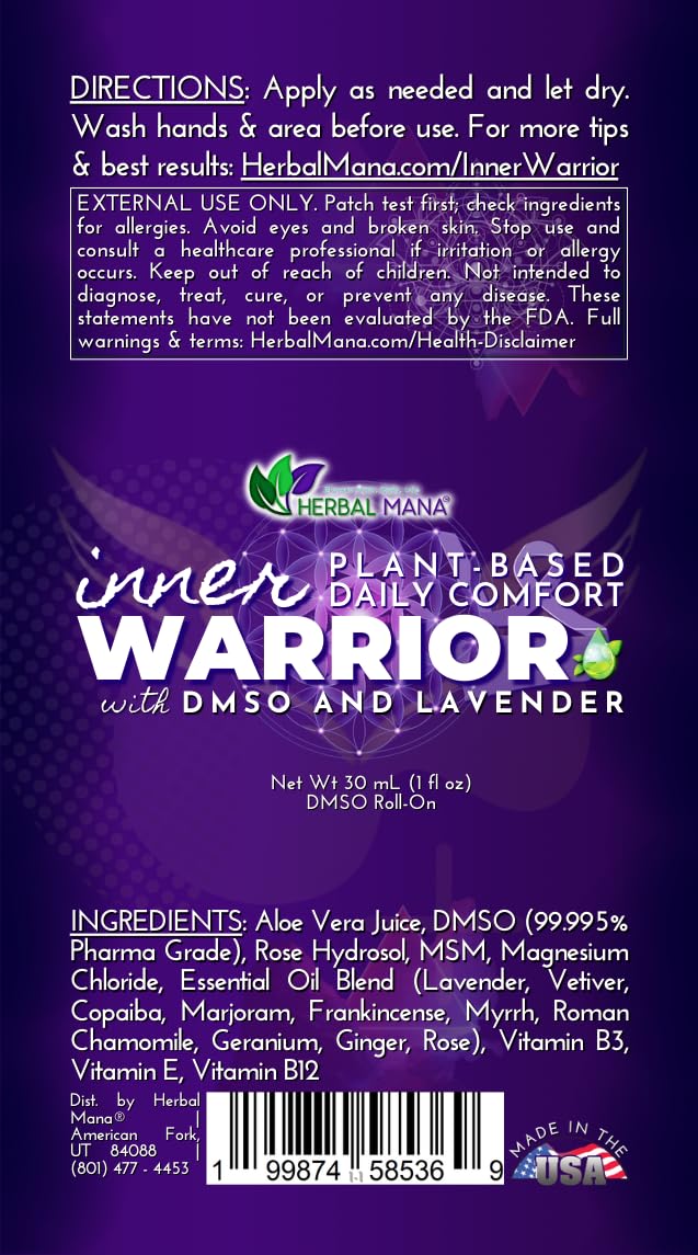 Herbal Mana Lavender DMSO Roll-On | Lavender Essential Oil Massage & Skin Conditioning Roller | Fast-Drying, Non-Greasy | Inner Warrior | 1 fl oz (30 mL)