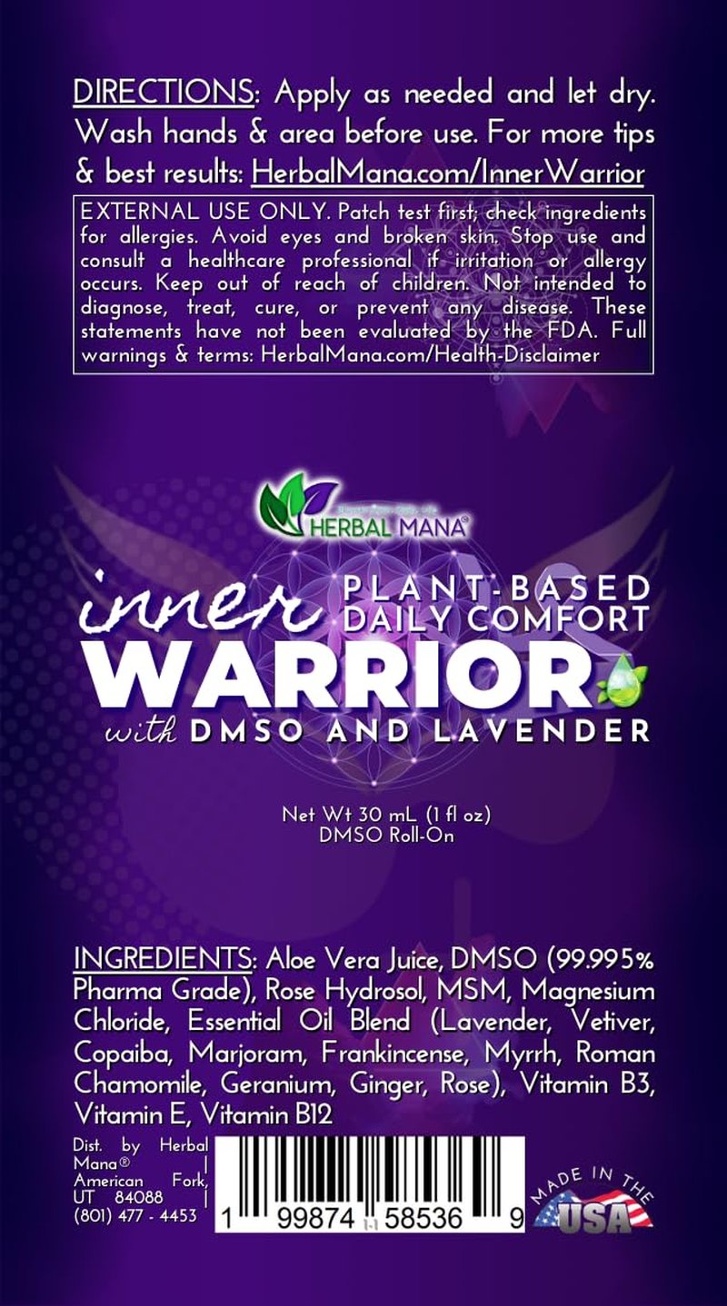 Herbal Mana Lavender DMSO Roll-On | Lavender Essential Oil Massage & Skin Conditioning Roller | Fast-Drying, Non-Greasy | Inner Warrior | 1 fl oz (30 mL)